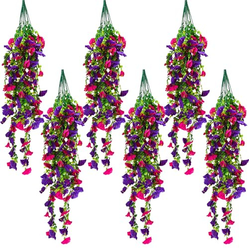 Rilcn 6 Pack Artificial Hanging Petunia Silk Flowers, Artificial Petunia Hanging Petunia Plants for Outdoor Home Decoration, Garden, Artificial Balcony Plants, 75cm Morning Glory, Pink & Purple