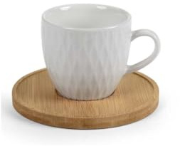 Gicos Set 6 Tazze Tazzine Caffè Bianche in Ceramica con Piattini in Bamboo