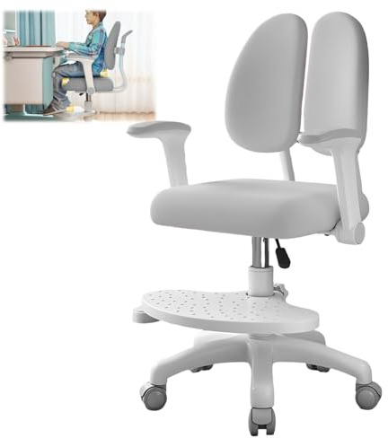 TAZZOR Schreibtischstuhl Kinder, Höhenverstellbarer mit 90° schwenkbaren Armlehnen & Fußstütze | Bequemer Lernstuhl für Kinderzimmer | Ergonomischer Drehstuhl für Mädchen und Jungen (Grau)