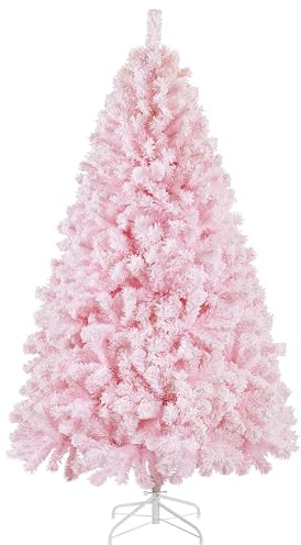 Yaheetech 6ft Snow Flocked Christmas Tree with Stand, Soft Branches, Pink | Christmas Tree with Pink Branches | 820 PVC Tips, Hinged & Sectional Setup, Pvc Tips & Metal Base | For Holiday Decorative