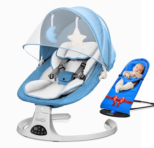 Baby Bouncer from Birth with 5 Swing Speed, 3-Stage Timer and Remote Control, Baby Swing Chair from Birth with 2 Plush Toys & Soft Padded Newborn Bouncer (Blue)