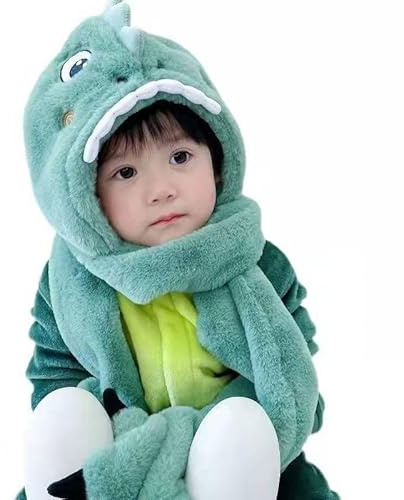 Kids Hat Gloves Scarf 3 In 1 Set Winter Plush Cartoon Dinosaur Hoodie Gloves Pocket Warm Earflap Full Hood Hats Long Scarf Shawl Wraps Mittens Grey, Green for Girls Boys Age 3-8 Birthday Gift