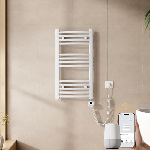 EMKE WiFi Handtuchheizkörper Elektrisch 750x400 mm - Gebogen Badheizkörper Elektrisch, Elektrischer Handtuchwärmer Handtuchtrockner Handtuch Heizkörper Bad mit Thermostat und Heizstab - 300W, Weiß