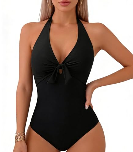 Risipu Women's Tummy Control Swimsuit One Piece Slimming Ruched Push Up Bathing Suit Vintage Padded Retro V Neck Swimwear (UK, Alpha, M, Regular, Regular, Black)