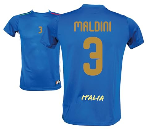 Generico Maglia Italia Calcio Maldini 3, Blu con Stampe in Oro, Replica Maglietta Nazionale Italiana, Taglie da Adulto e Bambino (IT, età, 14 Anni)
