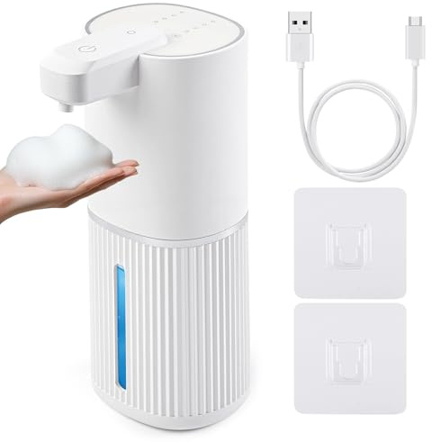 Rudnia Automatic Soap Dispenser, Foaming Soap Dispenser Touchless with Continuous Dispensing, 4-Level Adjustable, Rechargeable Hand Soap Dispensers, Wall Mounted or Countertop for Bathroom & Kitchen