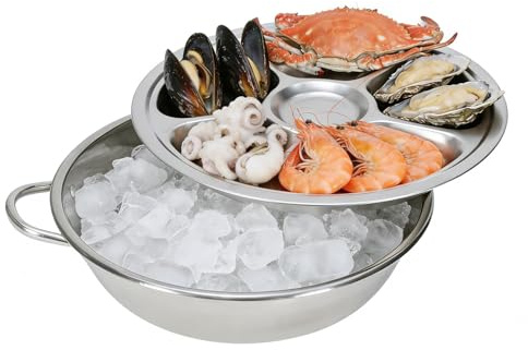 Punorric 11 In Stainless Steel Plate Seafood Platter Divided with Ice Chamber Base and Handle, Platters for Party Food Silver Serving Tray for Shrimp Cocktail, Oysters Scallops Veggie Fruit