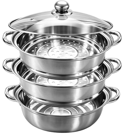 Dampfgarer 28 cm Edelstahl 3 Etagen - Dampftopf Induktion Geeignet - Dampfgarer Topf mit Dämpfeinsatz - Großer Steamer Pot für Gemüse, Fisch & Mantowarka - Stapelbar