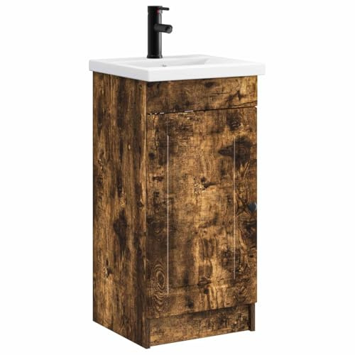 Qnhdfrt Badezimmerschrank mit Waschbecken und Armatur, Waschtisch Geräucherte Eiche, Badezimmer-Möbelset aus Holzwerkstoff mit Schwenktür für Bad & Gäste-WC, 42x40x84,5 cm