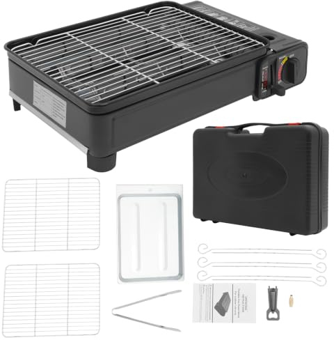 Wiefiche Barbecue a gas da campeggio, 2,2 kW, portatile, con griglie e valigetta | Accensione piezoelettrica, per bombole di gas butano e gas liquido, accessori inclusi, campeggio, all'aperto e picnic