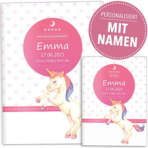 OLGS U-Heft Hülle SET Einhorn Unicorn Untersuchungsheft Hülle inkl. Impfpasshülle süße Geschenkidee personalisierbar mit Namen & Geburtsdatum (U-Heft Set personalisiert, Philomena)