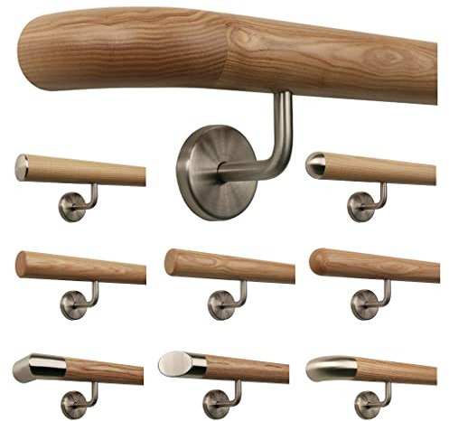 TIBU Esche Holz Handlauf Geländer 0,3m - 6m, Länge 50 cm, Ende Holzkrümmling und 2 gewinkelte Halter