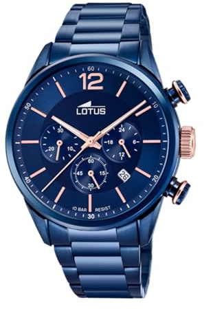 LOTUS Reloj Hombre Analógico de Acero Inoxidable 316l Azul - Movimiento de Cuarzo - Cronógrafo - Calendario - Cristal Mineral de Alta Resistencia - Resistente al Agua 10 ATM Casual 18680/2 Chrono