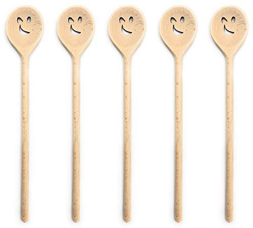 Balna 5 Stück Holzkochlöffel Set Kochlöffel Holz mit Motiv zwinkerndes Gesicht, Basteln Geschenk Laserschnitt Motiv
