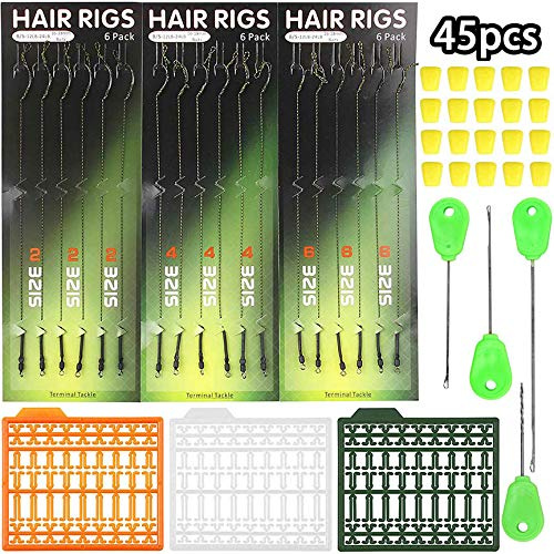 Boilies Karpfen Haken Rigs, 45 STK Gebogener Karpfenhaken Geflochtene Schnur mit Boilie Stopper Ködernadel Werkzeug Köderstopper Mais Angel Zubehör Set