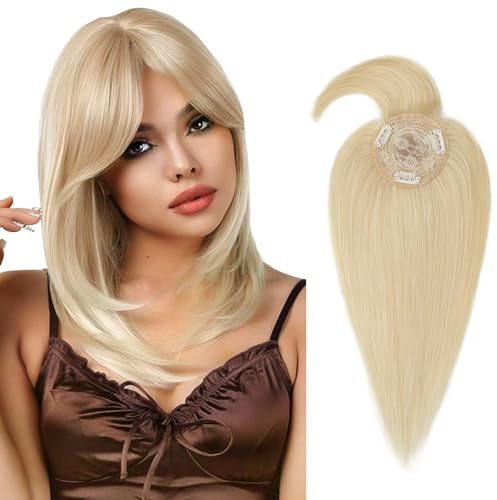 Haarteile Echthaar Clip in Extensions Echthaar Topper Extensions Echthaar mit Pony(11cm lang) Toupet Haarverdickung Glatt Haarverlängerung 7A Real Human Hair 30cm-35g 613# Bleichblond