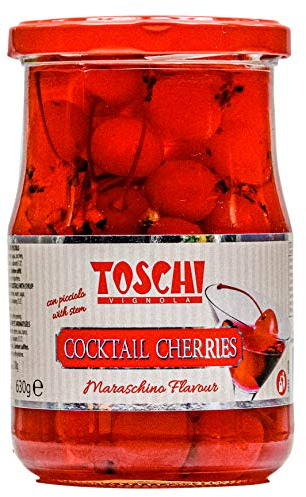 Food-United COCKTAIL KIRSCHEN ROT mit Stein & Stiel & Maraschino-Geschmack 1 Glas Füllm. 630g ATG 310g von TOSCHI für Cocktail Kuchen Torte Muffin Cupcake lecker-süße Garnitur