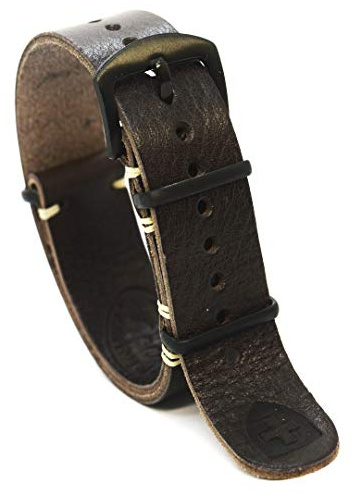 ArtLeatherCraft - Edelstahl Uhrenarmband NATO, Handgefertigt aus echtem Leder, Schnalle, Schwarz, 20 mm, Unisex