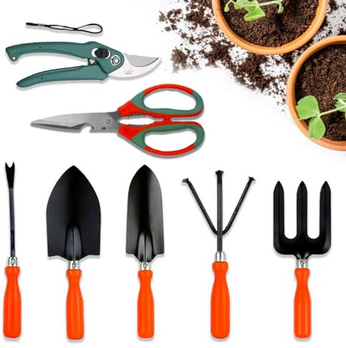 CINAGRO® - Kit di attrezzi da giardino con forbici e potatore comodo e resistente (set di 7, arancione)