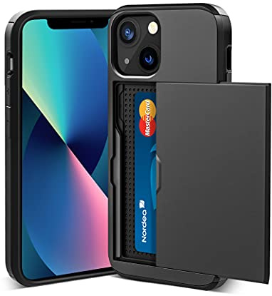 ACOCOBUY Sliding Case with Card Holder for iPhone 13 Mini Phone Cover 5.4 | Hidden Pocket IDs Credit Slot Heavy Duty Shockproof Protective Hard PC Soft TPU Wallet Phone Case Back Shell Men Women Black