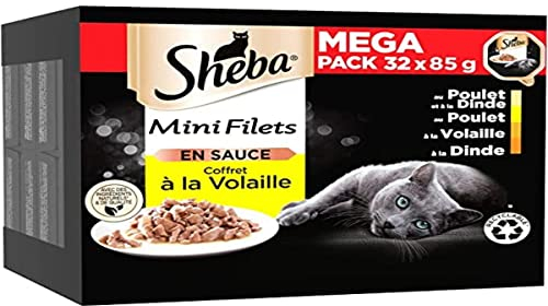 SHEBA Mini-Netze in Sauce, Auswahl mit Geflügel, Schalen für ausgewachsene Katzen, 4 Sorten, Mega-Pack, 32 x 85 g