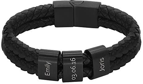Heideman Herren Lederarmband Elian 2 Gravurplättchen schwarz | Elian Herren-Lederarmband, geflochtenes Leder, schwarze Gravurplättchen, personalisierbar, Magnetverschluss, für Männer