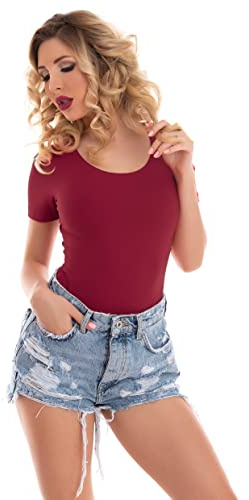 Magi Stringbody mit Rundhals Overall Bodysuit Größen Kurze Ärmel Damen Body Unterzieh-Body optimale Passform sportlicher Tanz-Body für Frauen (M,Bordeaux)