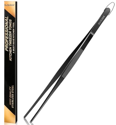 Gutsdoor Kitchen Tweezer Tongs Stainless Steel Food Tweezers, 12-Inch Professional Chef Tweezers for Plating, Cooking, Baking (Black 12 Inch Straight)