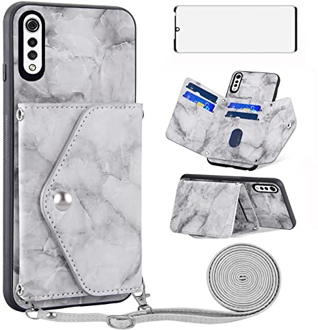 Asuwish Handyhülle für LG Velvet 5G/4G Hülle mit Band und Glas Folie Schutzfolie Kartenfach Klappbar Kette Leder Geldbörse Ständer LMG910EMW LM-G910EMW Handy Hüllen Schutzhülle Cover Phone Case Grau