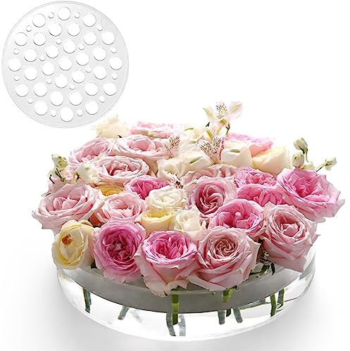 Acryl Blumenvase 30cm Dia. Kreisförmige auslaufsichere klare Acryl niedrige Vase mit 31+18 Löcher - Low-Profile-Zylinder floralen Mittelstück für Tabelle - Klar
