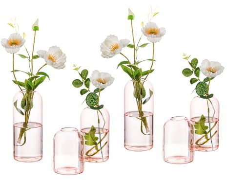 Hewory Kleine Vasen für Tischdeko: 6er Rosa Deko Vase Rosa Glaszylinder Vase Glas, Klein Glasvase Rund Zylinder Vasen Set, Modern Klein Blumenvase Glas für Wohnzimmer Hochzeit Party