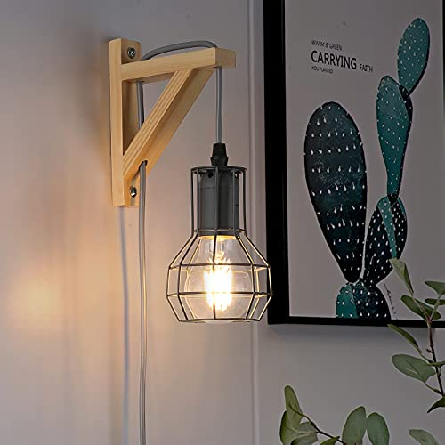 SUNLLOK Moderne Holz Wandleuchte mit Stecker Schalter, Vintage Rustikales Innen Wandlampe Verstellbare Hängende Wandhalterung, Industrie Lese Leuchten Deko für Wohnzimmer Kinderzimmer (Grau)