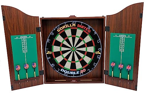 Gorilla Darts Centre Set MDF Walnut Cabinet Set Dartboard inc Darts Package