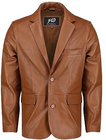 Jild Unsichtbare Nähte, lässiger Lederblazer für Herren – 2-Knopf-Verschluss, Mantel-Stil, normale Passform, Lammfell-Lederjacke für Herren, Cognac, 4XL
