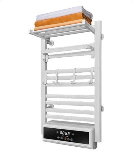 DUDYP Radiatore Scaldasalviette Elettrico Bagno, Portasciugamani Elettrico A Parete con Timer, Termoarredo Elettrico in Lega di Alluminio con Ripiano Superiore Pieghevole, 70 * 50Cm, IPX4,Bianca