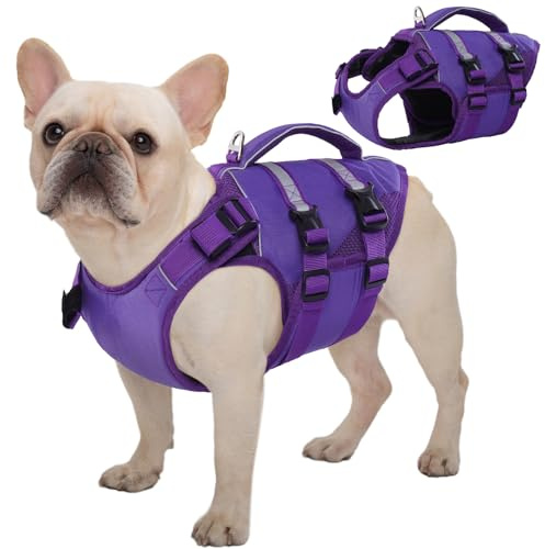 Kuoser Hundflytväst medium, hundflytvästar med handtag och reflekterande, justerbar hundflytväst för hund badväst, liten hund flytväst med förbättrad flytförmåga, hund flytväst lila M