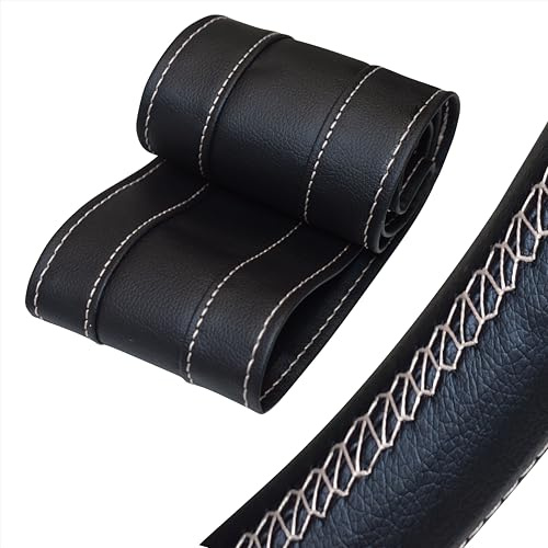 Lenkradbezug Pu Leder, Auto Lenkradhülle zum schnüren Nähen mit Nadel und Faden Spezial Sport Design M3 Schwarz Weisses Naht Universalgrösse 37-38 cm