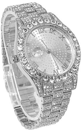 genkigold Diamantuhr für Herren – 43mm Römische Ziffern Rundes Zifferblatt – 18K Echtgold/Platin Plattiert 22,5cm Armband – Japanisches Quarzwerk – Luxusschmuck – Kombinierbar mit Cuban-Kette