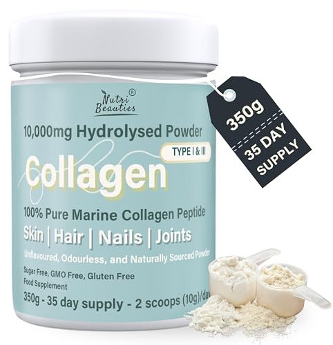 NUTRI BEAUTIES Pure Marine Collagen Peptides Powder 10,000Mg | 19 Essential Amino Acids | Unflavoured 350g Hydrolyzed Collagen Supplements for women and men (Type I, III) | 35 Day Supply |Halal | skin