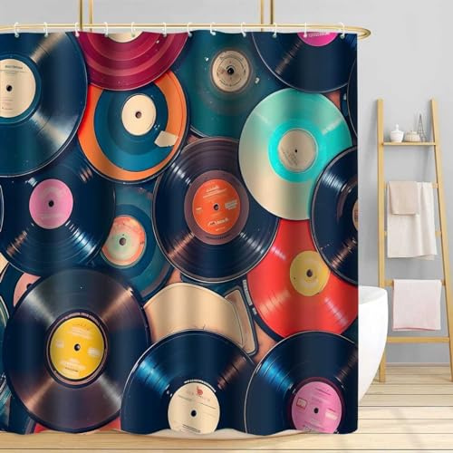 TPMDFC Retro Music Shower Curtain 60x72inch Music Records Bathroom Shower Curtains, Musicial Disc Album Bathroom Bathtubs Decor Set with 10 Hooks YLOKTP0798