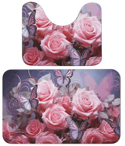 Badezimmerteppich-Set, weich, saugfähig, Mikrofaser, U-förmiger WC-Vorleger, rutschfester Badteppich, rosa Rosen und Schmetterlinge, Badematten für Badezimmer, Badewannenmatte, 2-teilig