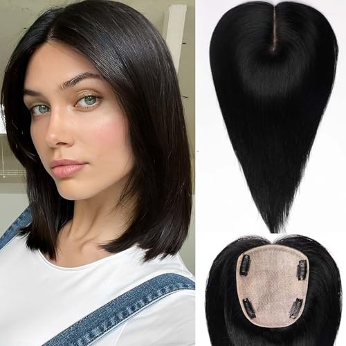 HAIRCUBE Haar-Topper 5*5.5 Basis Haar-Topper für Frauen,14 Zoll natürlich schwarz,100% echtes menschliches Haar-Topper ohne Pony für Frauen mit dünner werdendem Haar oder grauen Haaransätzen