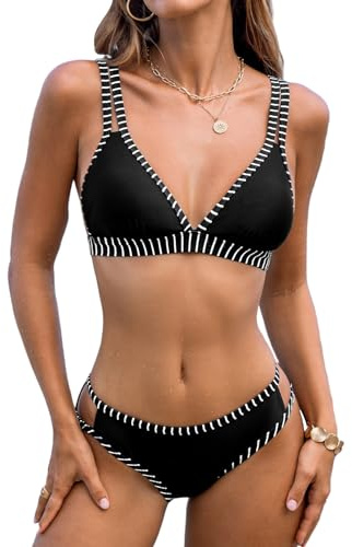 CUPSHE Damen Bikini Set V Ausschnitt Triangel Bikini mit Doppelträgern Kontrastpaspel Mid Waist Cut Out Bademode Zweiteiliger Badeanzug Swimsuit Schwarz L