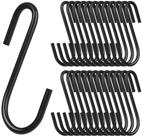 MIHURO 24 Piece Black Metal S Hooks for Kitchen, Bathroom, Bedroom and Office - Heavy Duty Small Utensil Hanging Solution