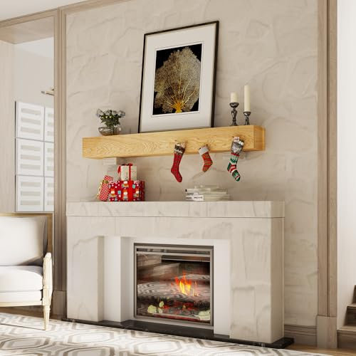 Heimlove Repisa de chimenea, 48 pulgadas para chimenea, estante de exhibición de madera rústica montado en la pared para decoración del hogar, estilo rústico tradicional, estantes de chimenea de