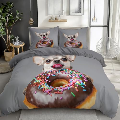 Set Copripiumino 180 x 220 cm, Stampa Fotografia di Animali Cane Ciambella con Chiusura a Cerniera per Ragazze, Ragazzi e Adolescenti, Copripiumino con Grigio (1 Copripiumino + 2 Federe)
