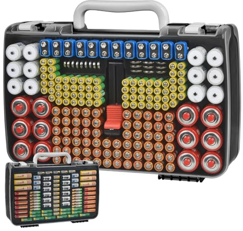 Battery Organizer Storage Holder Case with Double-Sided, Garage Box with Tester Checker. Batteries Container for 269pcs AA AAA AAAA 3A 4A 9V C D Lithium 4LR44 CR2 CR123A CR1632 CR2032 18650 - Black