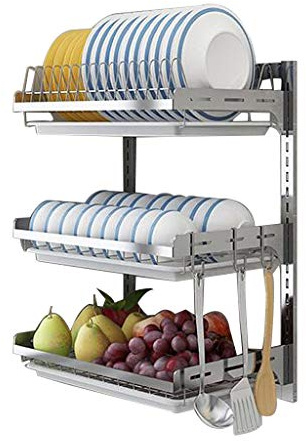 SaryEdge 3-lagiges Wand-Geschirrregal, Küchen-Abtropfgestell, Lagerregal aus Edelstahl 201, Silber mit 3 Haken, 41,2 * 26,6 * 55,5 cm(