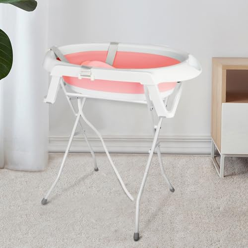 Babybadewanne mit Gestell - Baby Badewanne Faltbar mit Badekissen - Babybadewannen + Abfluss + Gestell (Rosa)