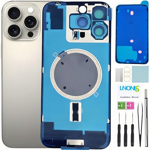 16 Pro Max - Cristal trasero de repuesto para iPhone 16 Pro Max con logotipo impermeable y lente de cámara + kit de herramientas de reparación profesional (titanio natural)
